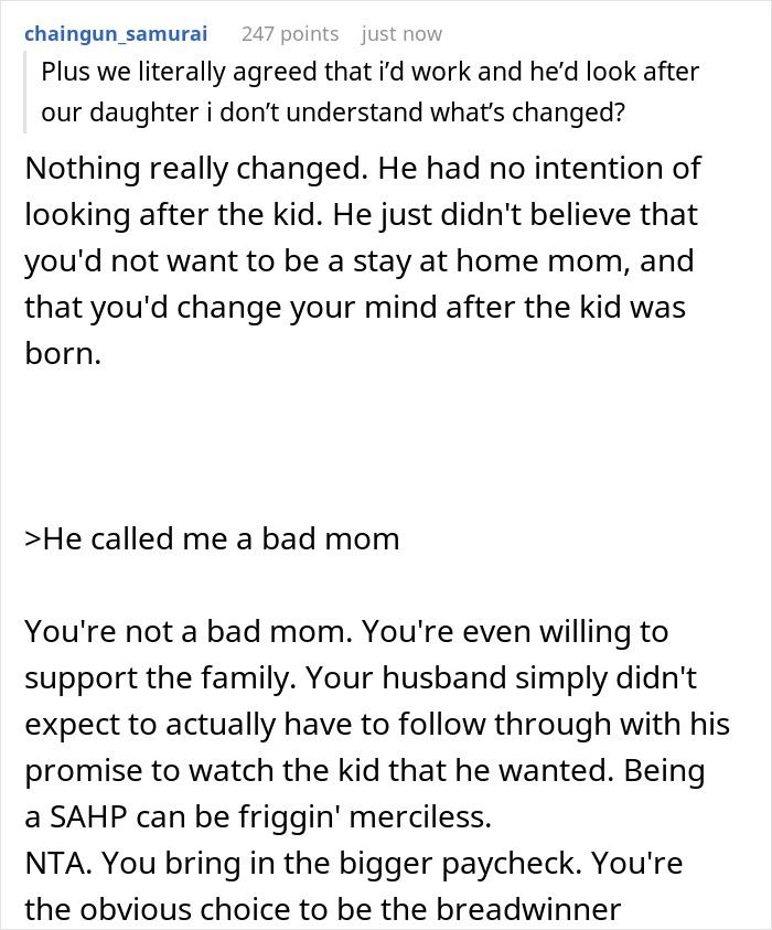 Woman Won't Quit Her Job After Husband Promised To Be A Stay-At Home Dad, Gets Called A Bad Mom Woman Won't Quit Her Job After Husband Promised To Be A Stay-At Home Dad, Gets Called A Bad Mom