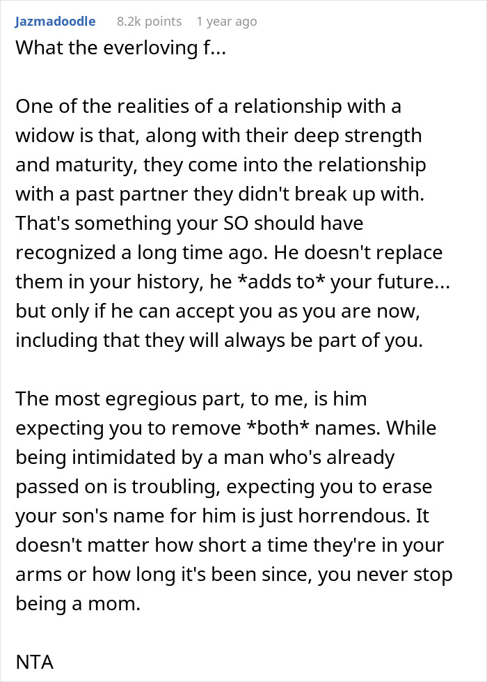 Text discussing family drama over a man's demand to remove tattoos honoring late spouse and son. Text discussing family drama over a man's demand to remove tattoos honoring late spouse and son.