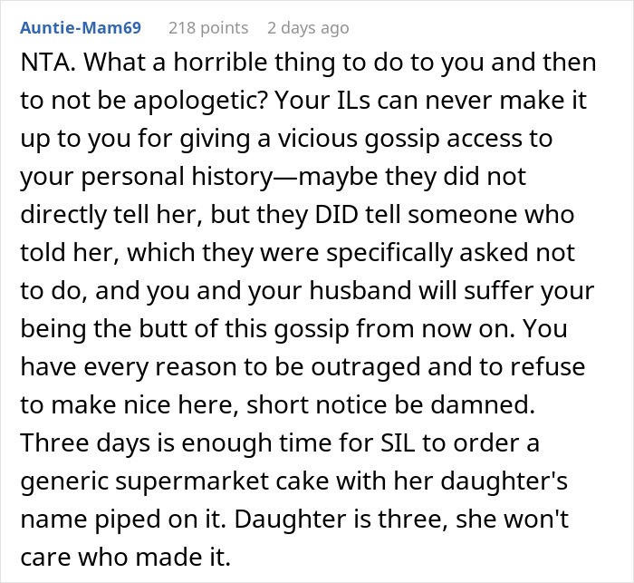 In-Laws Betray Woman’s Trust By Sharing Her Secret, She Refuses To Bake A Cake For Niece In Return In-Laws Betray Woman’s Trust By Sharing Her Secret, She Refuses To Bake A Cake For Niece In Return
