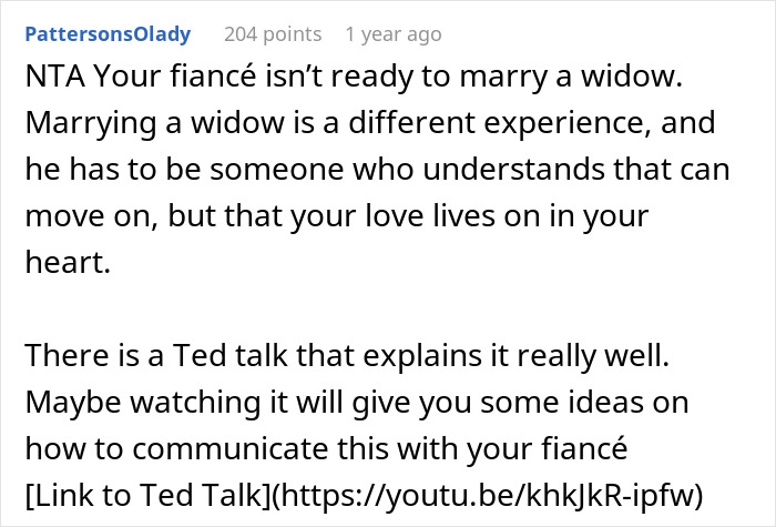 Comment discussing family drama over widow's tattoo and marriage issues, suggesting a TED Talk for better communication. Comment discussing family drama over widow's tattoo and marriage issues, suggesting a TED Talk for better communication.