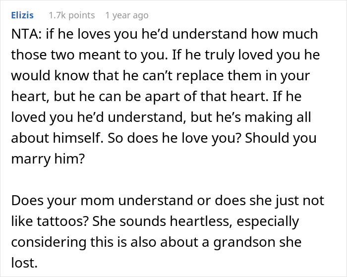 Online comment discussing man’s demand to remove tattoo honoring late spouse and son, highlighting family drama. Online comment discussing man’s demand to remove tattoo honoring late spouse and son, highlighting family drama.