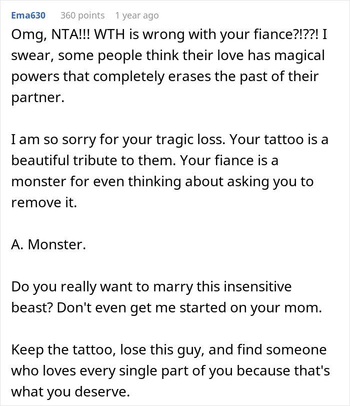 Emotional response to family drama over tattoo of late spouse and son. Emotional response to family drama over tattoo of late spouse and son.