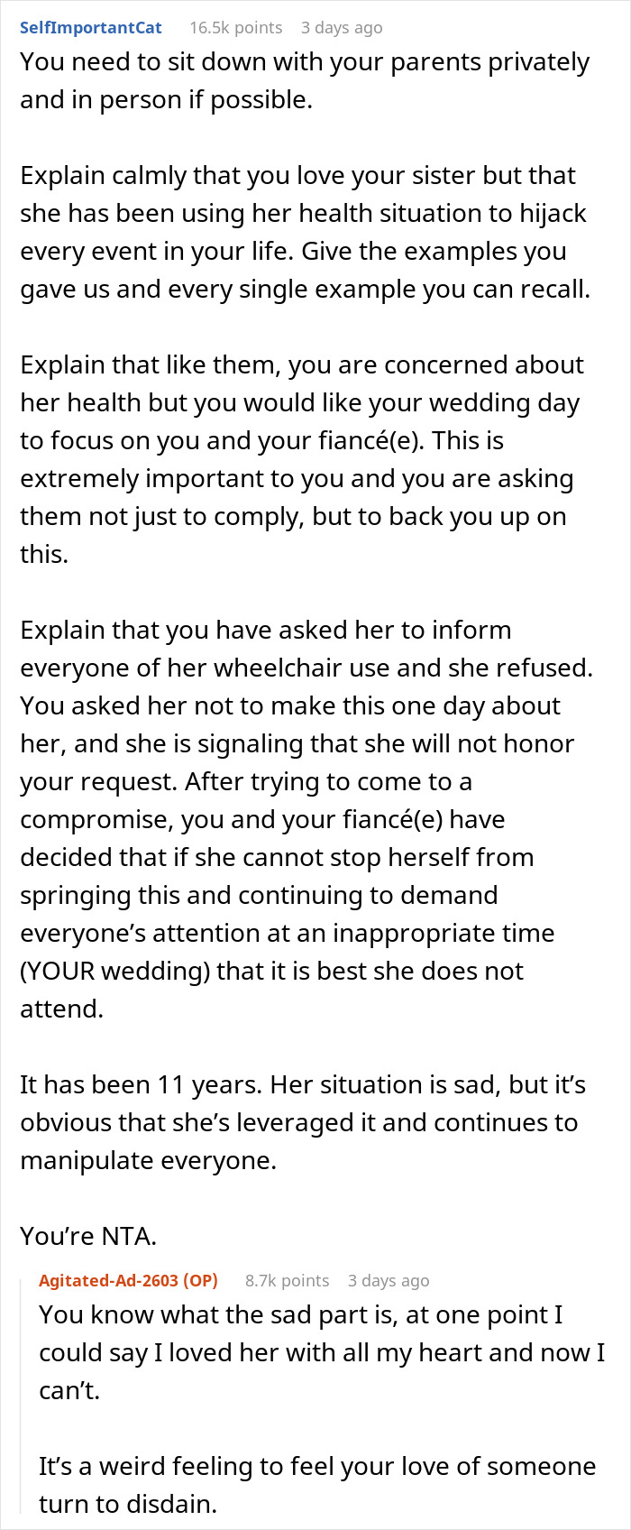 "AITA For Not Wanting My Sister At My Wedding Since She Is In A Wheelchair?": Internet Defends Woman "AITA For Not Wanting My Sister At My Wedding Since She Is In A Wheelchair?": Internet Defends Woman