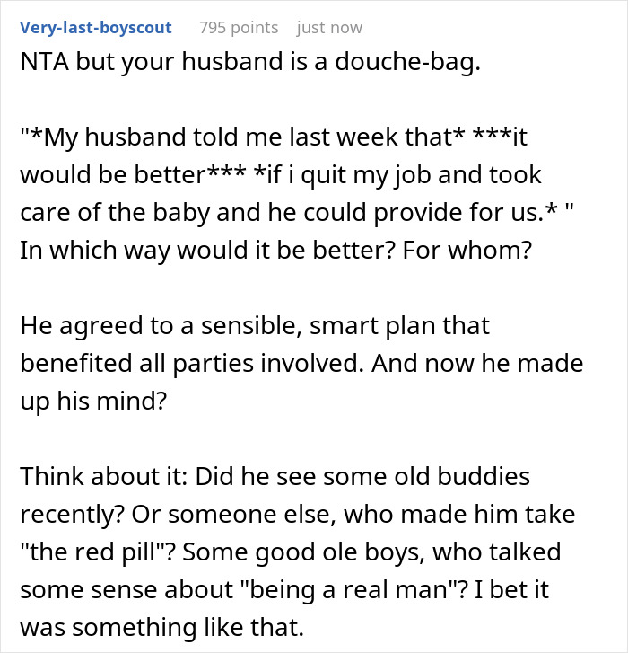 Woman Won't Quit Her Job After Husband Promised To Be A Stay-At Home Dad, Gets Called A Bad Mom Woman Won't Quit Her Job After Husband Promised To Be A Stay-At Home Dad, Gets Called A Bad Mom