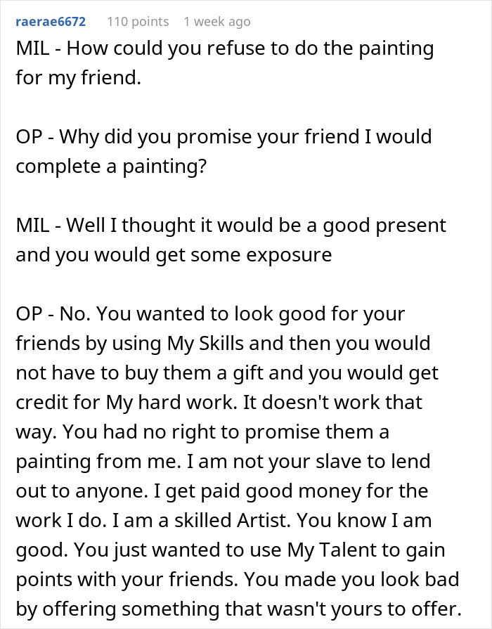 Artist Learns MIL Gave Her Services As A Present To Her Friends Without Her Consent