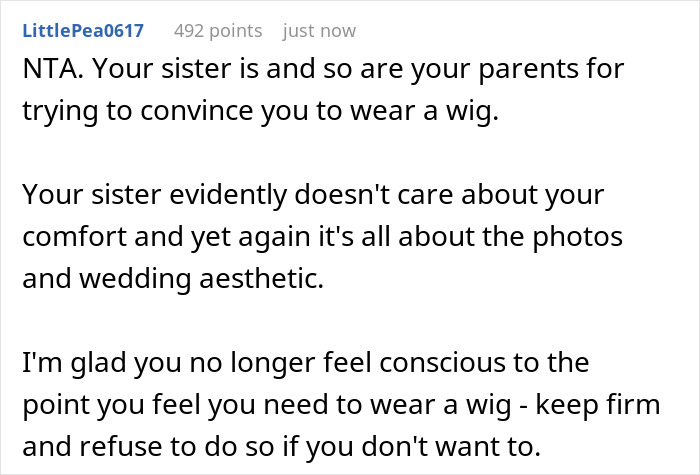 Teen Is Shocked At Sister’s Audacity For Asking Her To Wear A Wig At Her Wedding Teen Is Shocked At Sister’s Audacity For Asking Her To Wear A Wig At Her Wedding