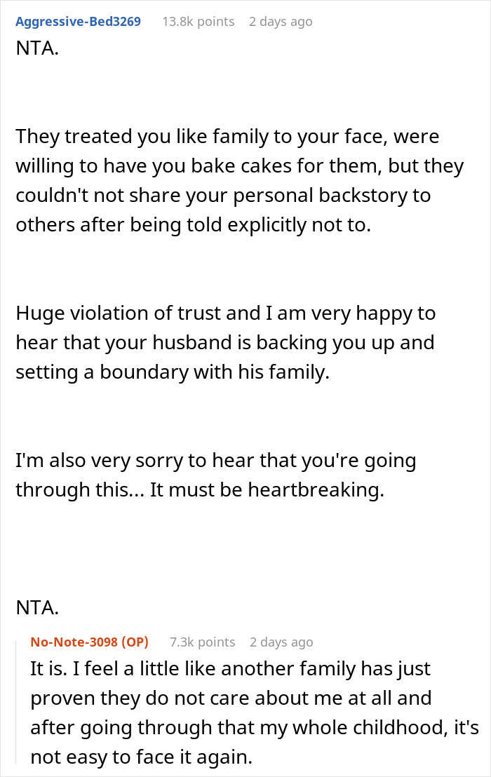 In-Laws Betray Woman’s Trust By Sharing Her Secret, She Refuses To Bake A Cake For Niece In Return In-Laws Betray Woman’s Trust By Sharing Her Secret, She Refuses To Bake A Cake For Niece In Return