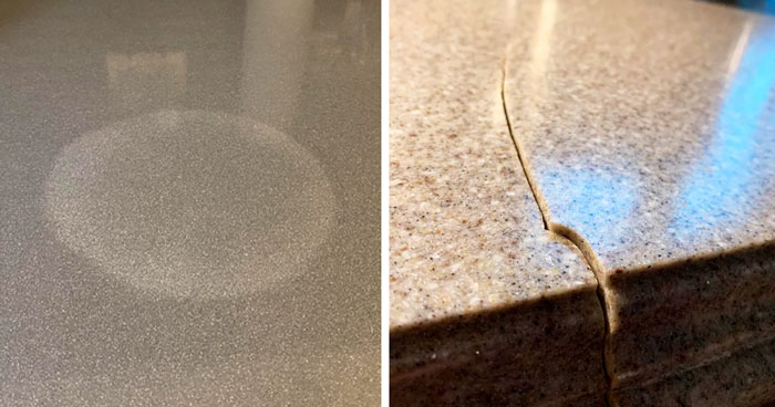 a stain from a pot of boiling water (left), cracked corian countertop (right)