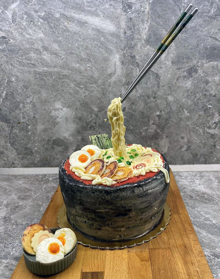 Red Velvet Ramen Cake (Without Fondant) For My Husband’s Birthday! The Side Dishes Including The Mini Bowl Are Also Edible