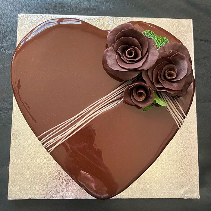 My Valentine's Gift For My Boyfriend: A Chocolate Heart Cheesecake With Glacage And Chocolate Roses. First Time I've Ever Attempted Glacage And Molding Chocolate