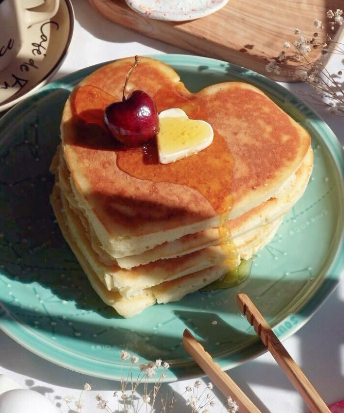 Happy Valentine’s Day. Starting My Day With A Stack Of Heart-Shaped Pancakes