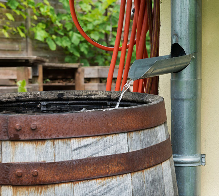 wooden rain barrel filled with water in backyard