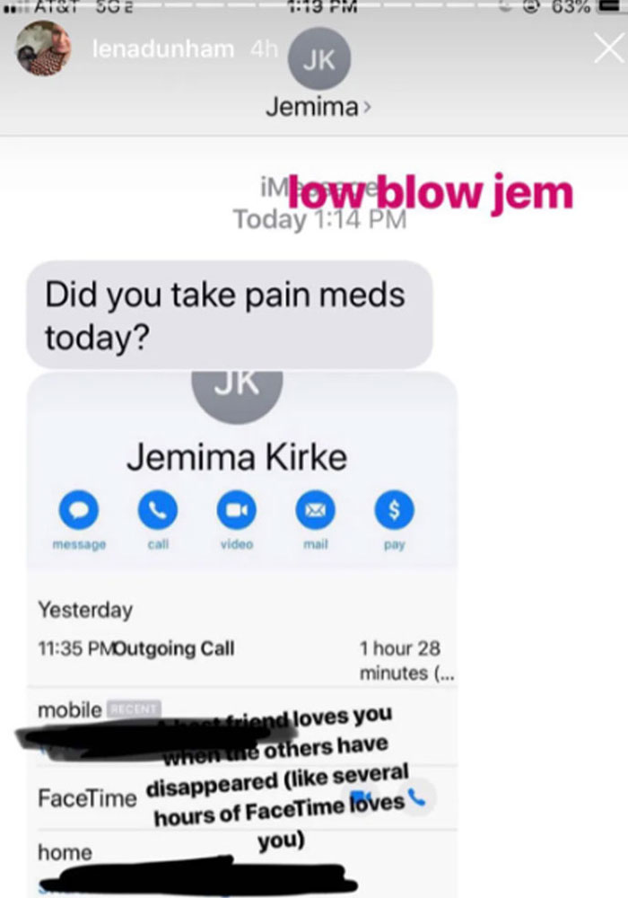 Lena Dunham Posted Jemima Kirke's Phone Number On Her Instagram Story