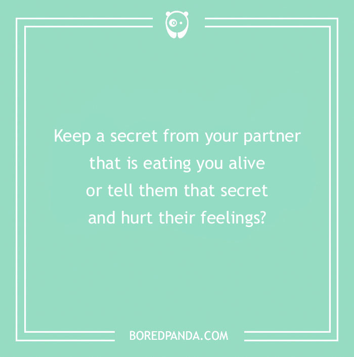 Text on a mint green background with a spicy "Would You Rather" question about keeping secrets from a partner.