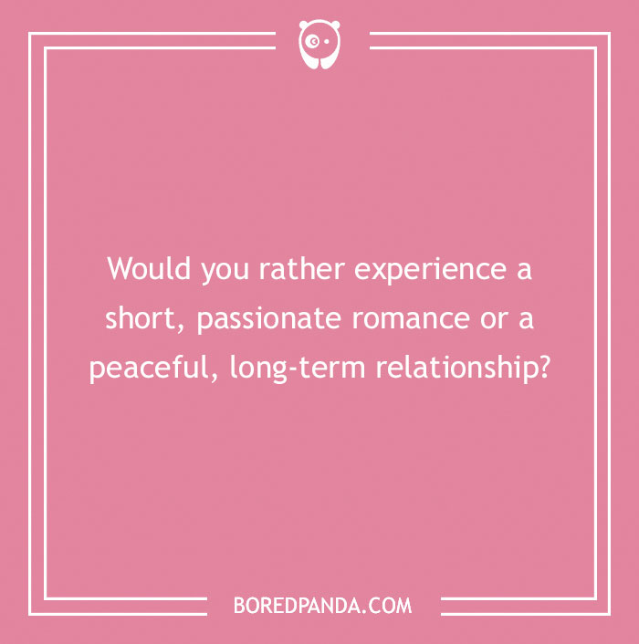 Text image with a spicy "Would You Rather" question about romance choices on a pink background.