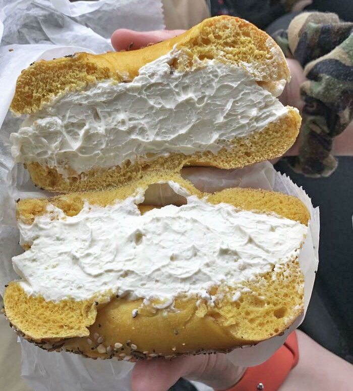 I Asked For Extra Cream Cheese On My Bagel. I Think They Might Have Taken It Too Far. This Is From A Bagel Shop In New York