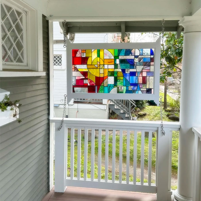 House porch with stained glass window