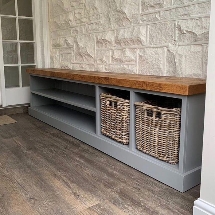 Grey storage cabinet for shoes