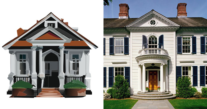 Illustration of house with portico and picture of house with portico