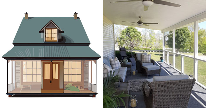 Illustration of screened porch and picture of porch inside