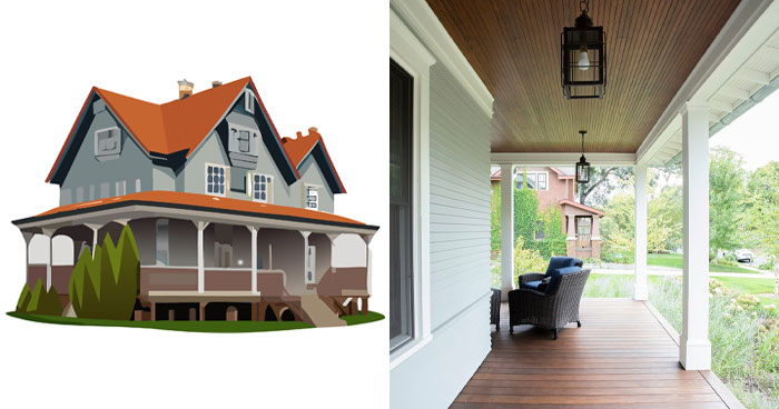 Illustration of wraparound porch and picture of porch inside