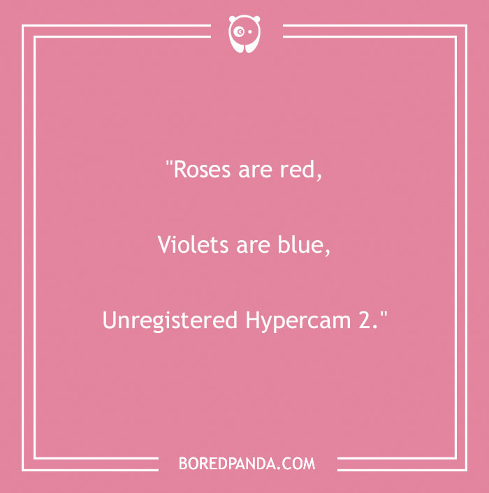 Funny "Roses Are Red" poem on a pink background from Bored Panda with humorous twist ending about Hypercam.