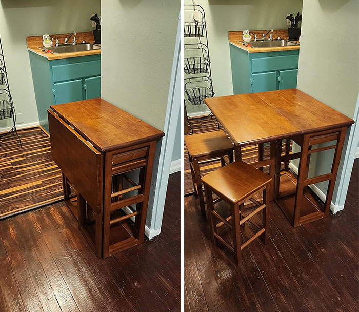 A Space-Saving Kitchen Island With A Teak Finish, Because Your Tiny Apartment Kitchen *Deserves* A Functional Centerpiece That Looks This Chic