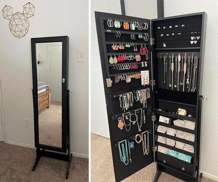 A Chic Freestanding Jewelry Armoire With A Full-Length Mirror So You Can Check Your Ootd While Finding The Perfect Bling, And Yes, It Also Locks