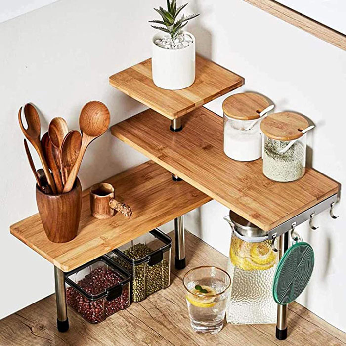 A Stylish, Sturdy Bamboo & Metal 3 Tier Corner Shelf That Will Literally Redeem Your Space's Wasted Corners. Because, Who Said Tiny Spaces Can't Be Functional *And* Chic?