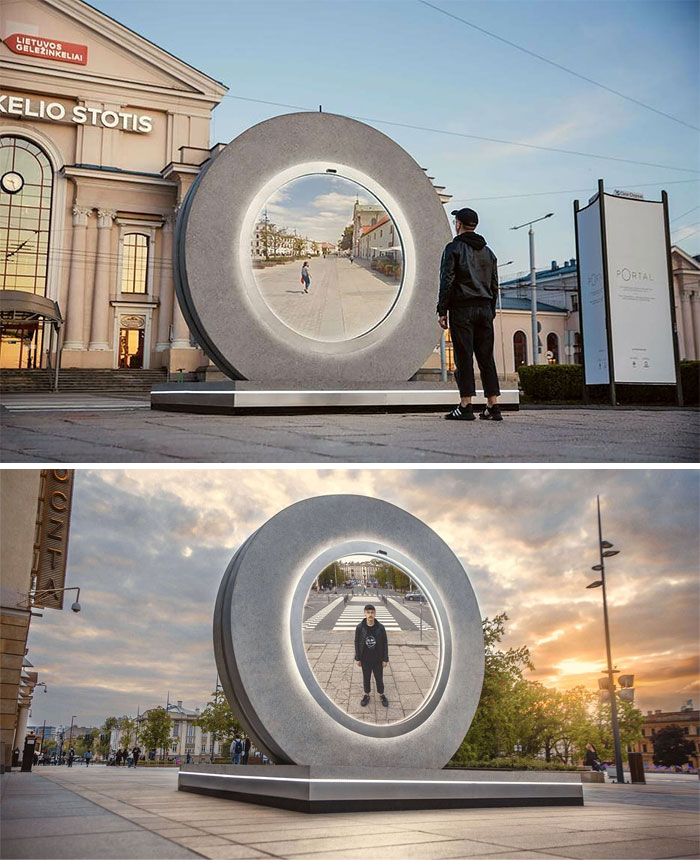 Esta escultura en Vilnius (Lituania) es un "portal" a Lublin (Polonia). La gente a ambos lados puede verse en tiempo real