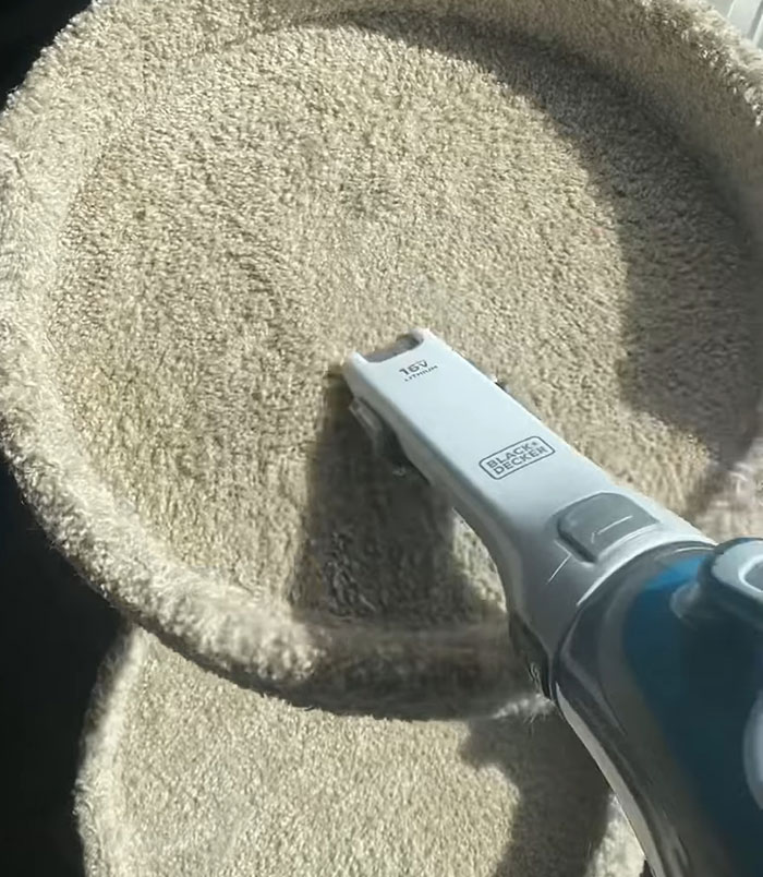 Person cleaning a cat tree with a small vacuum cleaner 