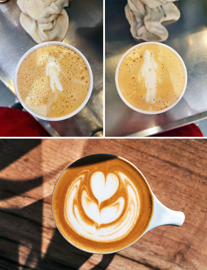 First Attempts At Latte Art, Last Picture Is What I Was Trying To Make