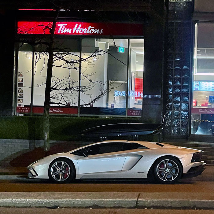 Just About The Most Vancouver Thing I've Seen In A While. A Lamborghini With A Ski Box Parked In Front Of Tim Hortons