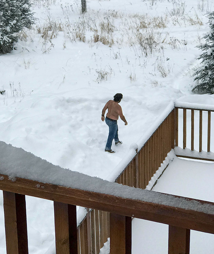 My Dad Booked A Trip To Canada After Telling Us He Was Sick Of The Florida Heat. Today, I Look Out My Balcony Window To See Him Walking Around Like This