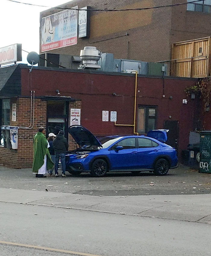 Today, I Saw A Subaru Being Blessed In A Restaurant's Parking Lot In Toronto