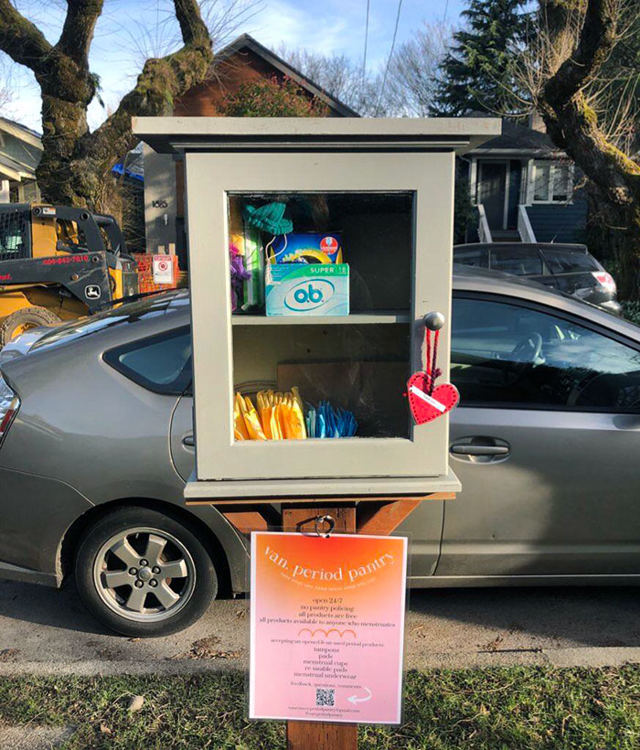 I Was Walking My Dog This Morning In Vancouver And Saw Someone Built A Free Deposit Period Pantry For Folks Who Can't Afford Or Access Menstruation Products