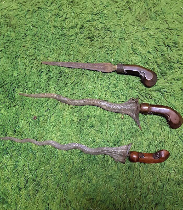 Found These In The Basement Of An Old House. Apparently, The Bottom Two Are Kris Daggers From Indonesia. The Top One May Technically Be As Well