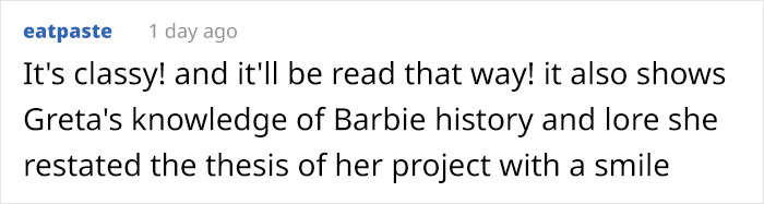 User comment praising Greta's Barbie history knowledge and classy response. User comment praising Greta's Barbie history knowledge and classy response.