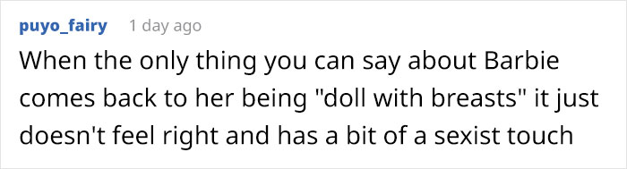 Comment on Barbie's portrayal, highlighting critical views on its sexist undertone. Comment on Barbie's portrayal, highlighting critical views on its sexist undertone.