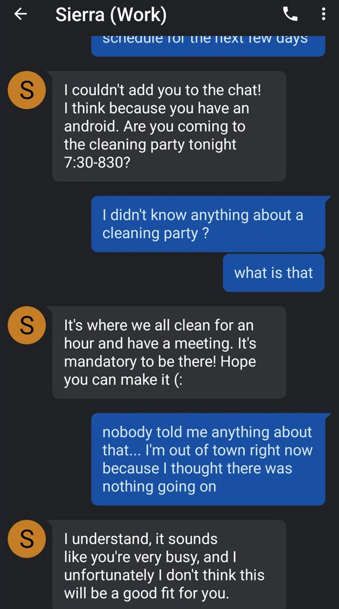 Got Fired From My Job Because I Couldn't Come To A Cleaning Party On 2-Hour Notice