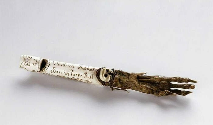 A Witch Whistle Or 'Heksenfluit' Made From A Rat's Paw And Carved Bone. Made In 19th Century Belgium, And Purchased By The Museum Aan De Stroom In Antwerp In 1964