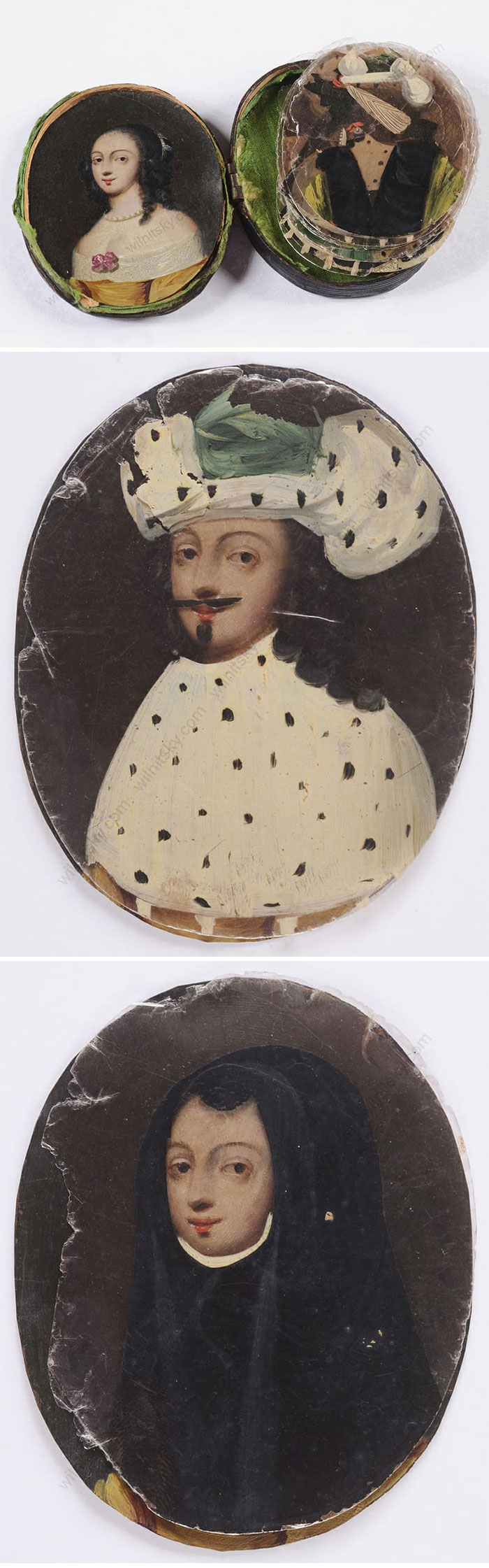 A Woman Of Many Disguises! This Is An Example Of An Unusual Fad From The Mid-1600s: Miniature Oil Portraits That Came With Clear Slices Of Mica Painted With Different Costumes