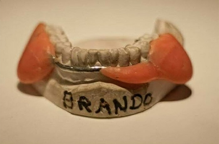 "Dental Plumper" Jaw Prosthetic Worn By Marlon Brando In The Godfather (1972). Brando Wanted Vito Corleone To Have Jowls Like A Bulldog, So He Stuffed Cotton Balls In His Mouth During His Audition