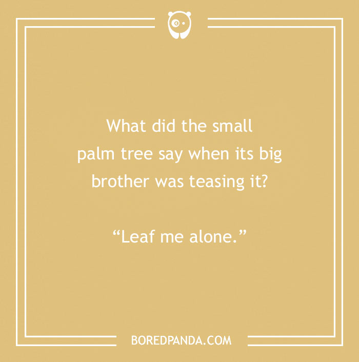 Spring joke text: "What did the small palm tree say? Leaf me alone."