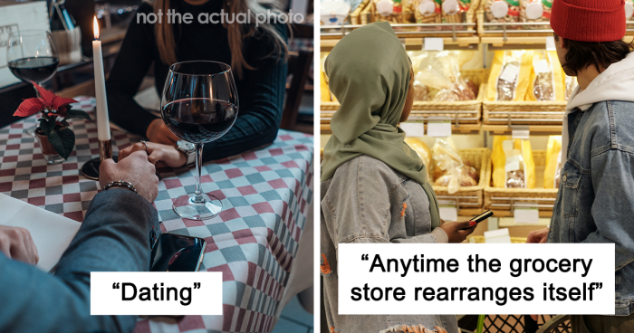 Couple on a date at a restaurant and two people shopping, illustrating things people started to hate over time.