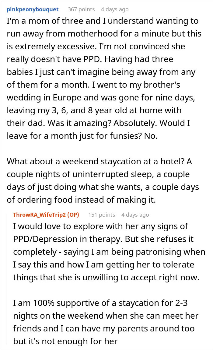 Husband Is Thinking Of Ending His Marriage After His Wife Asks For A Month Off From Being A Mom