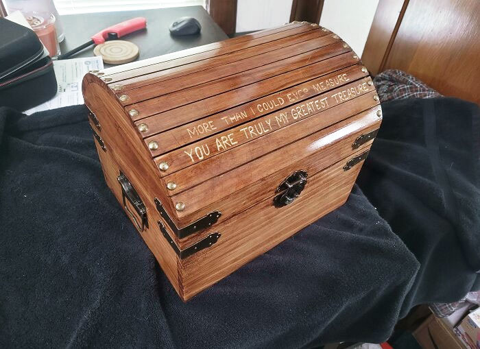 My Valentine's Day Gift For My Wife. I Bought A Chest At A Craft Store. Sanded It, Stained It, Sealed It, Engraved It, And Filled It With 365 Love Notes: One A Day Until Next Valentine's