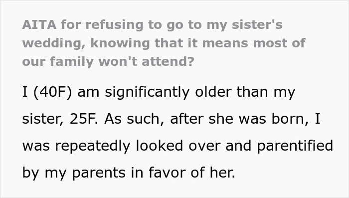 “AITA For Refusing To Go To My Sister's Wedding, Knowing It Means Our Family Won't Attend?”