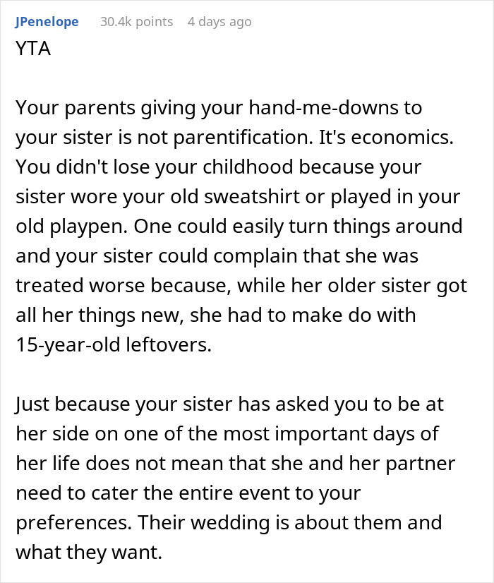 “AITA For Refusing To Go To My Sister's Wedding, Knowing It Means Our Family Won't Attend?”