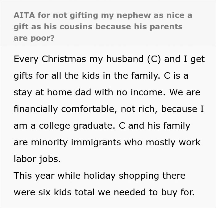 “Textbook Evil”: Woman Can’t Understand Why Getting A Cheaper Gift For A Poor Nephew Is Mean